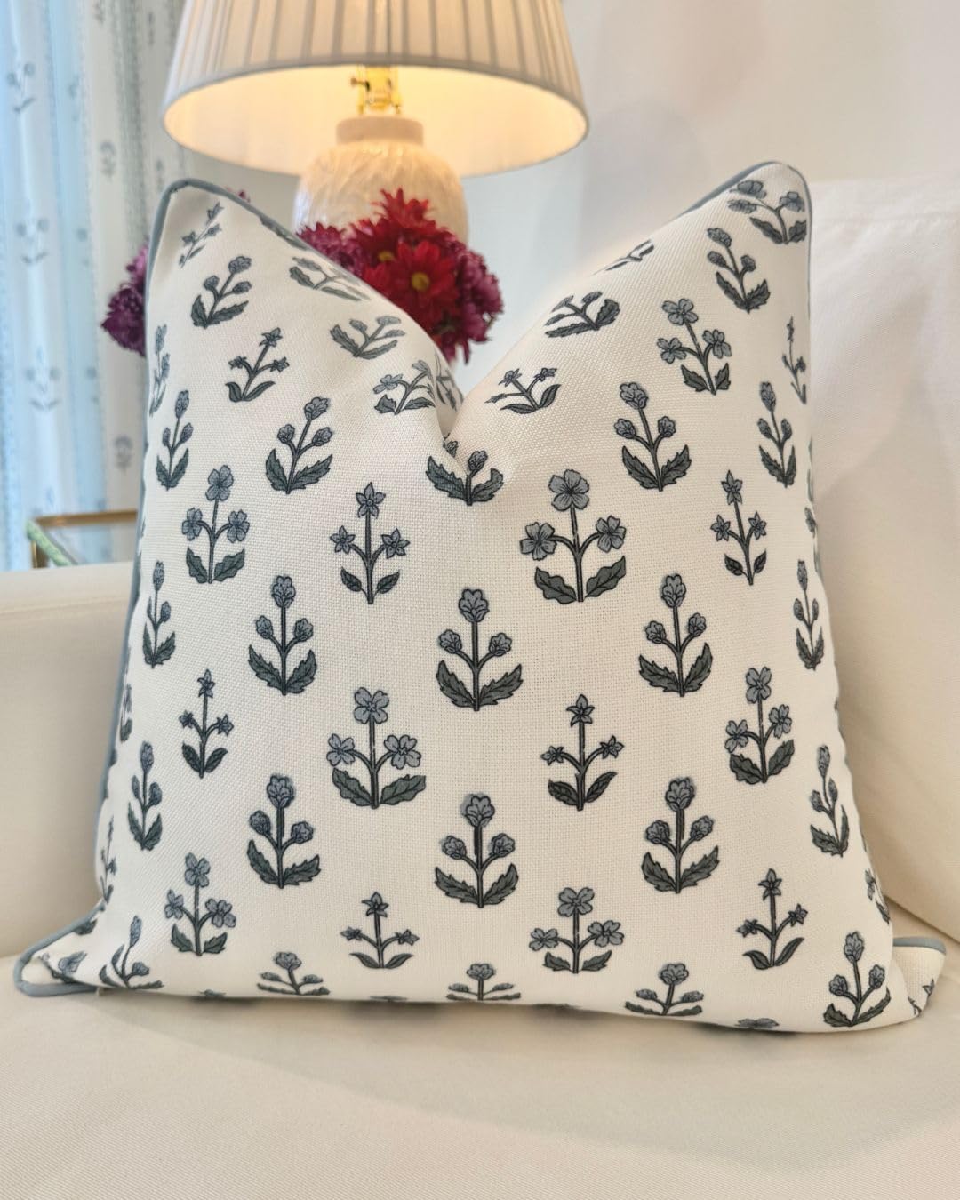 "The Beau” Floral Block Print Pillow Cover – Blue Decorative Throw Pillow Cover with White Background – Grandmillennial Home Decor, 20" x 20"