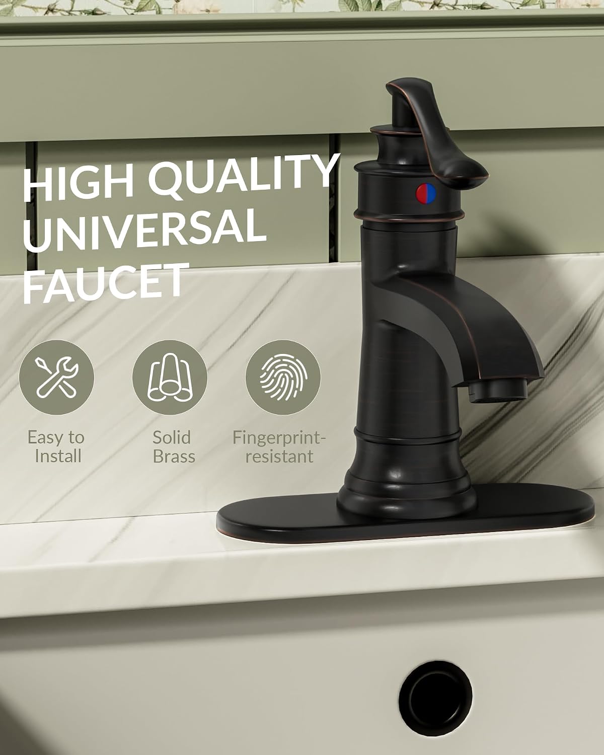 Bathroom Sink Faucet Oil Rubbed Bronze, Farmhouse Single Hole Bathroom Faucet, Single Handle Vintage Rustic Vanity Lavatory with Pop Up Drain with Overflow