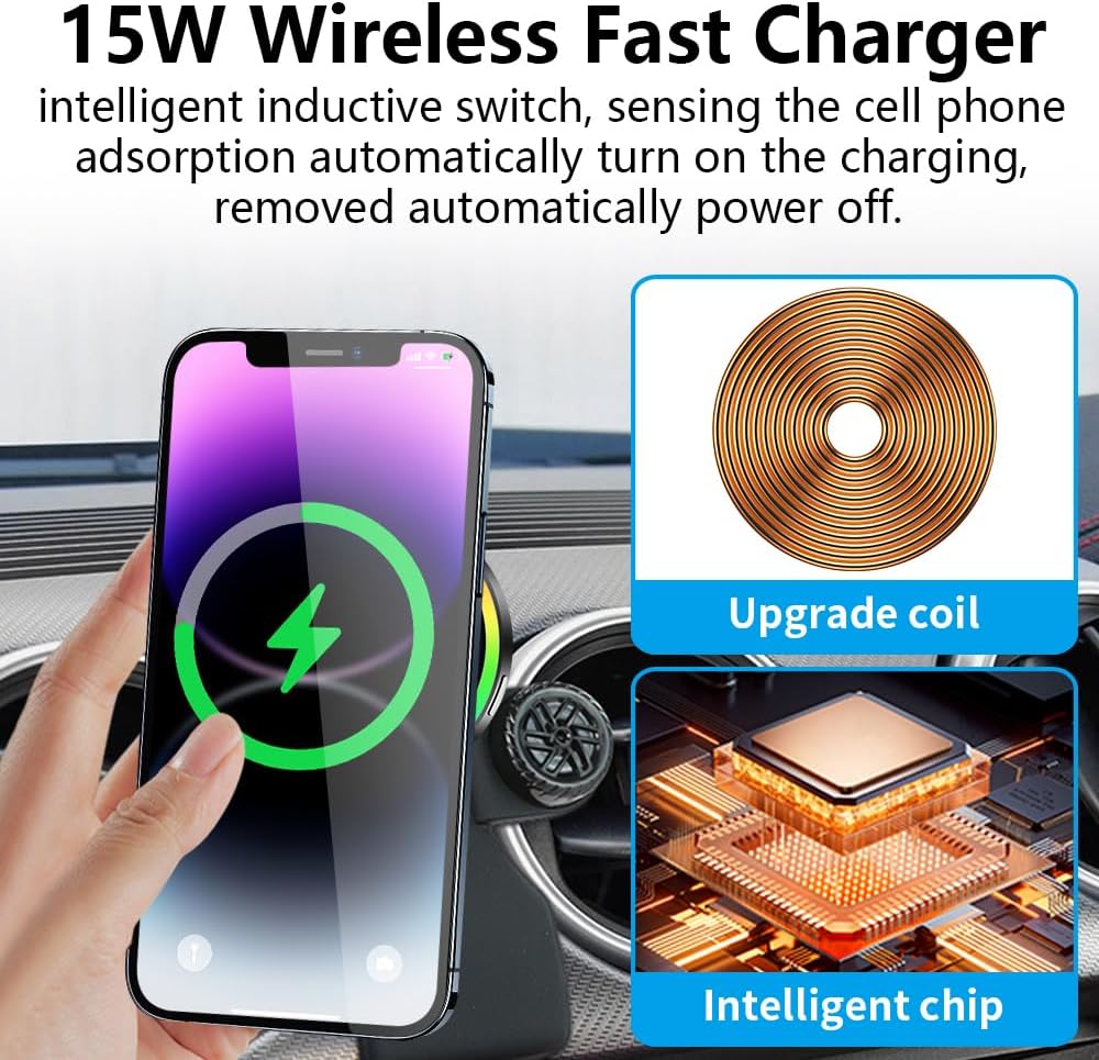 Car Magnetic Phone Mount for Ford Mustang 2015 2016 2017 2018 2019 2020 2021 2022 2023 Auto Interior Accessories Best Cellphone Holder Fast 15W Wireless Charger Cell Phones Charging Stand