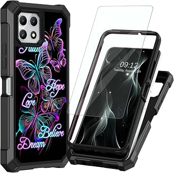 for T-Mobile Revvl 7 5G Case,with Screen Protector,Heavy Duty Dual Layer Protection Hard PC Soft TPU Bumper Shock-Absorbing Corner Protective Case for Revvl 7 5G,Purple Butterfly Glitter