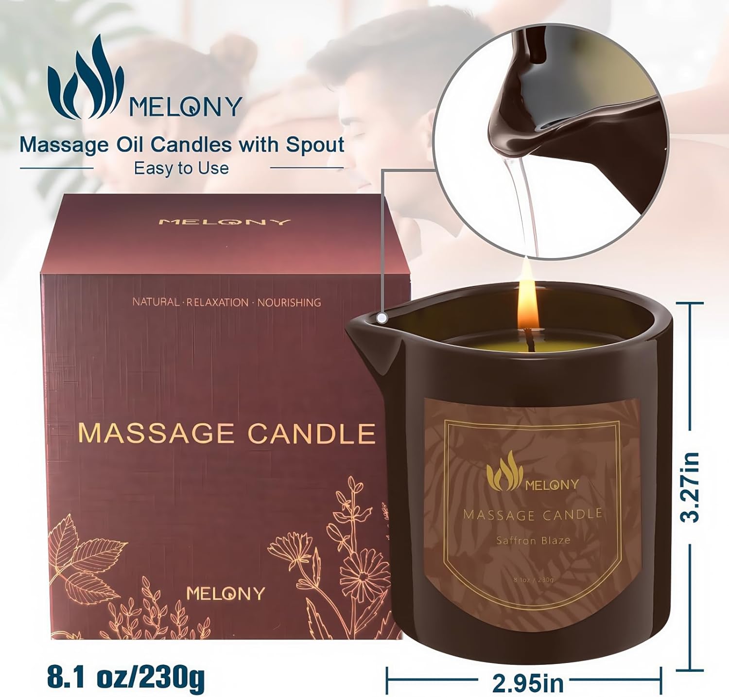MELONY Massage Oil Candle for Pure Relaxation - 8.1 oz - Moisturizing Essential Oil Body Massage Candle for Home Spa- Amazing Gift for Women & Men (Saffron Blaze) - Image 3