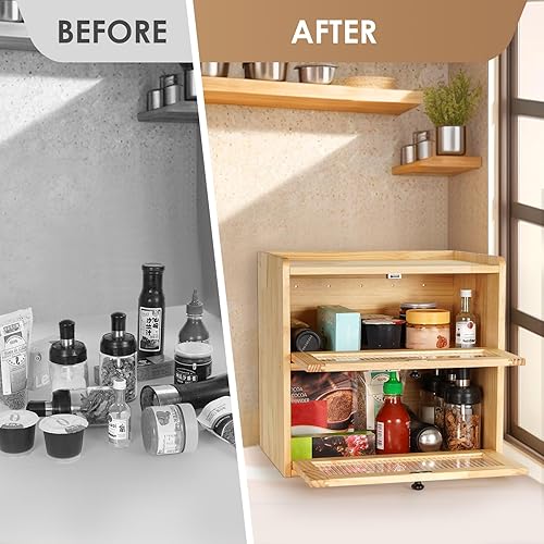 Miniatura 6 de Sunhoo Panera para encimera de cocina, contenedor de almacenamiento de pan de madera, contenedor de almacenamiento de pan de 2 capas, soporte de