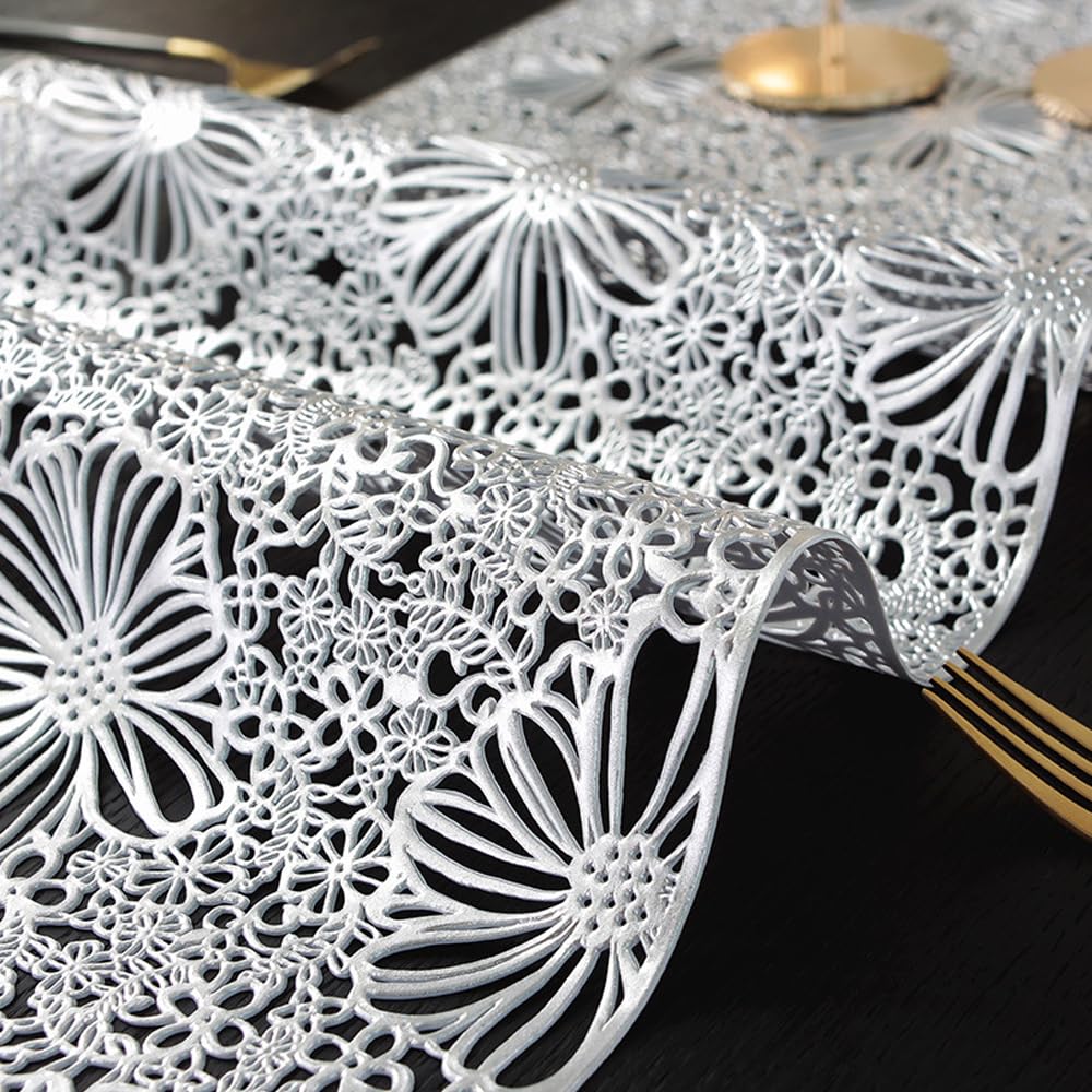Hosoncovy Hollow Table Runner Non-slip Decorative PVC Table Mats Placemat Protective Heat Resistant Mats for Home Party Kitchen Dining Wedding Decor (91CM X 33CM) (Silver) - Image 4