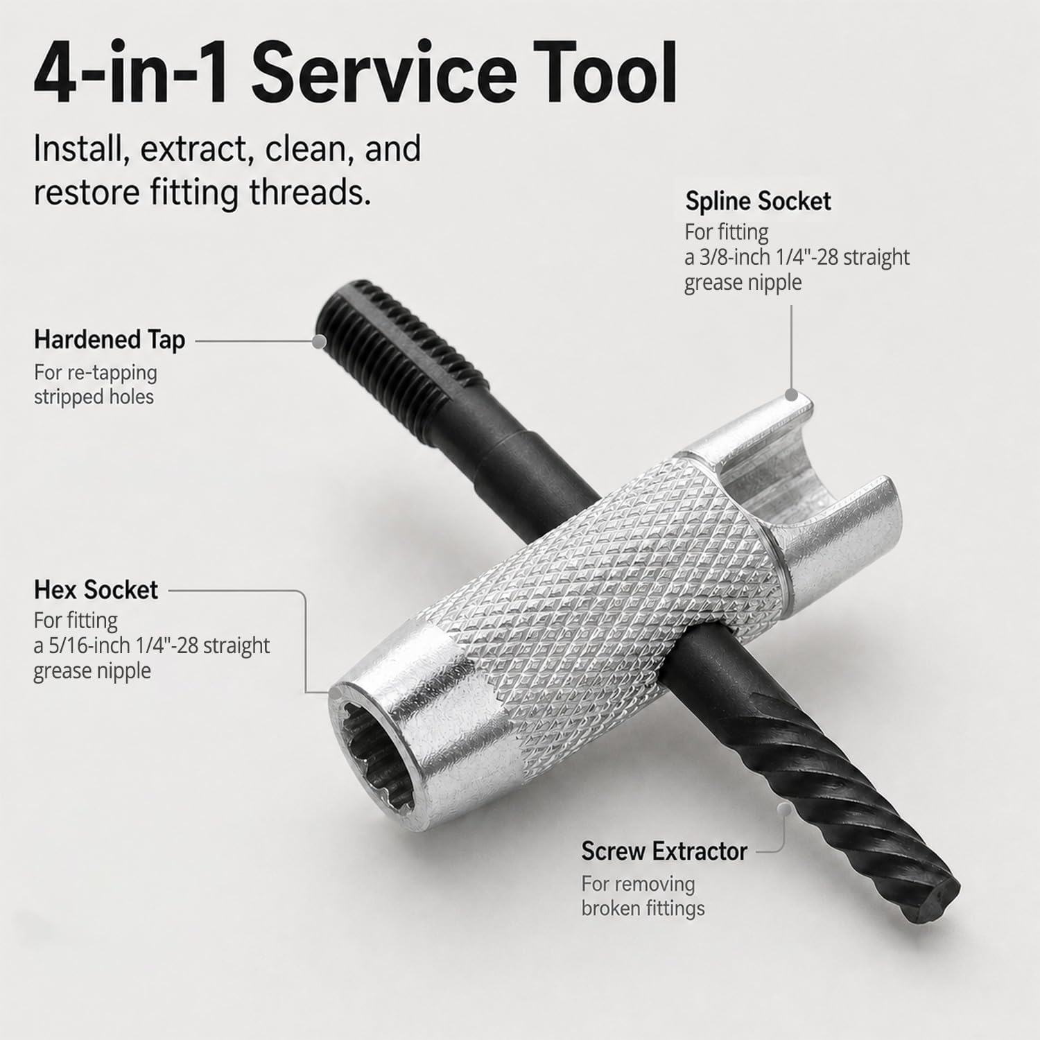 QWORK Grease Zerk Tool, 4 Way Zerk Grease Fittings Removal Tool, Heavy Duty Grease Fittings Assortment, Fit 1/8"-NPT, 1/4"-28 SAE,1M10x1 M8x1 & Hex Size 3/8" 5/16" 7/16"