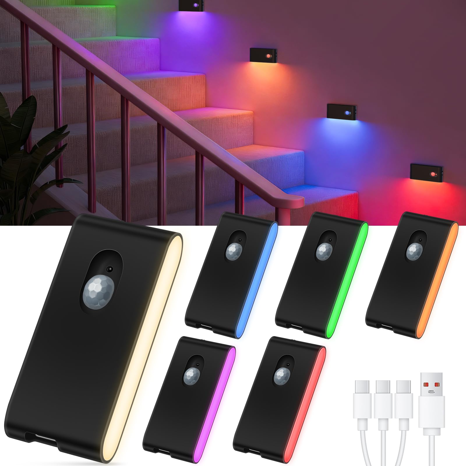 WILLED Treppenbeleuchtung Mit Bewegungsmelder RGB & Warmweiß, Aufladba Nachtlicht Mit 2 Modi, Bewegungsmelder Innen Nachtlicht Kinder für Treppe, Schlafzimmer, Wohnzimmer, Flur, Badezimmer