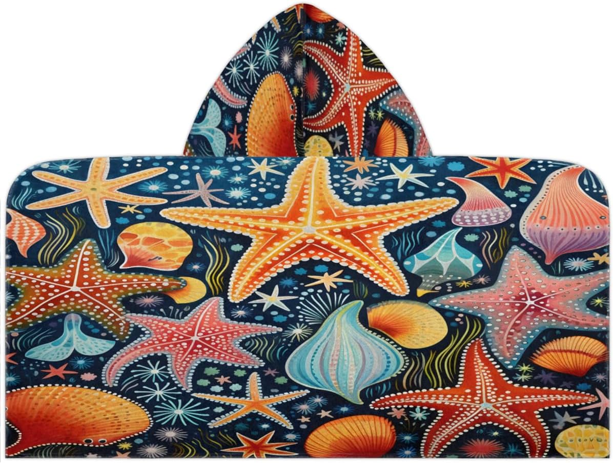 Kids Bath Towel Colorful Ocean Starfish Beach Towel with Hood Pool Cover Up for Girls Boys Soft Absorbent Hooded Bath Towel Toddler Towels for Beach, Pool