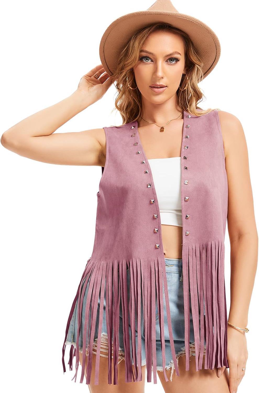 Women's Fringe Vest 60s 70s Hippie Vest Sleeveless Cowgirl Western Faux Suede rivet tassel denim jacket, Halloween - Image 5