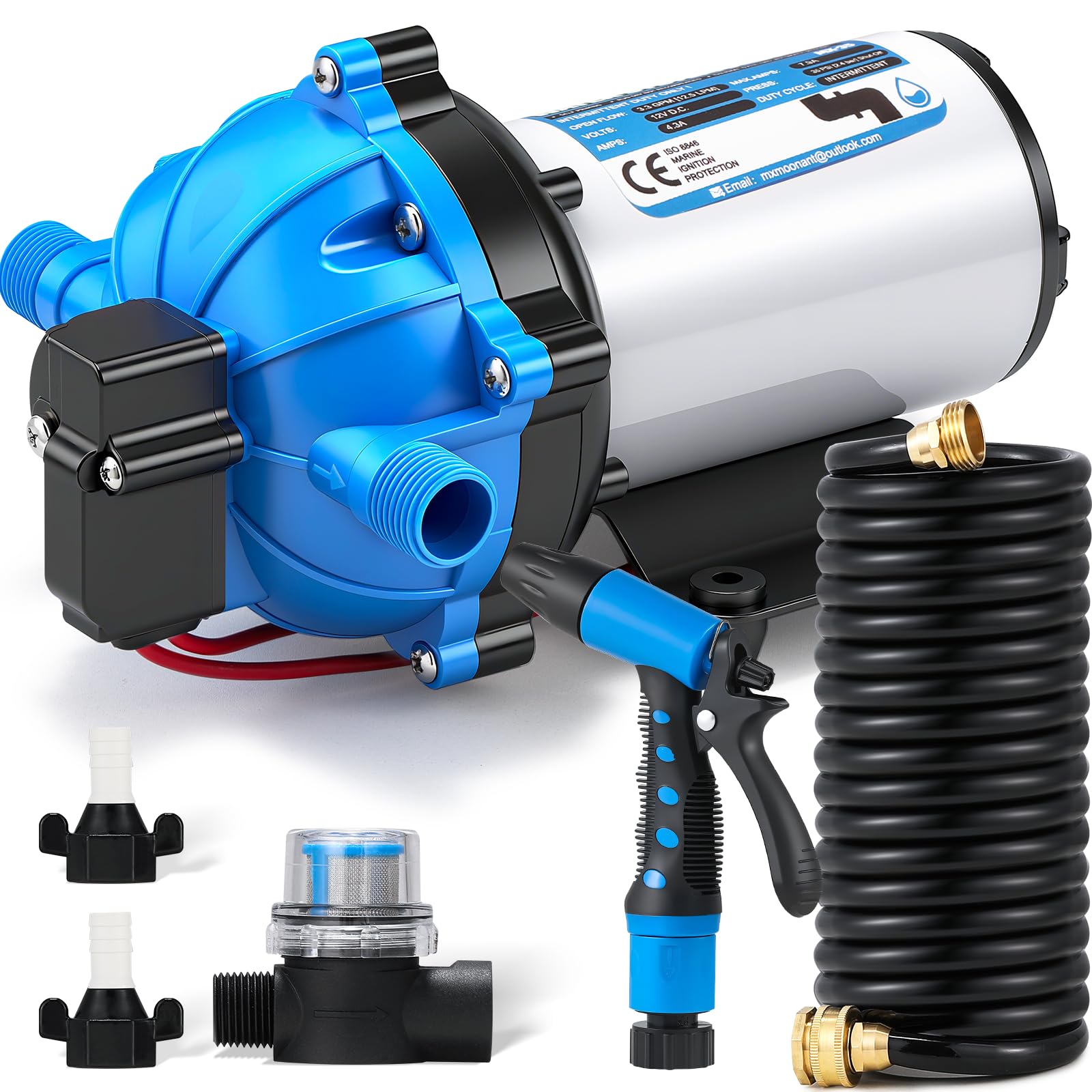 Mxmoonant Kit de Bomba de Lavado 12V, 20LPM, 4.8BAR, 5-Cámara, Bomba de Diafragma Autocebante con Manguera Enrollada de 6m, Boquilla de Rociado, para RV, Barco, Camper