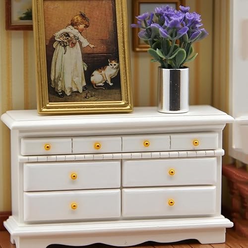 Juego de 3 muebles de armario lateral de casa de muñecas 1:12, armario de pared en miniatura de madera con cajones, pintura artística y planta en