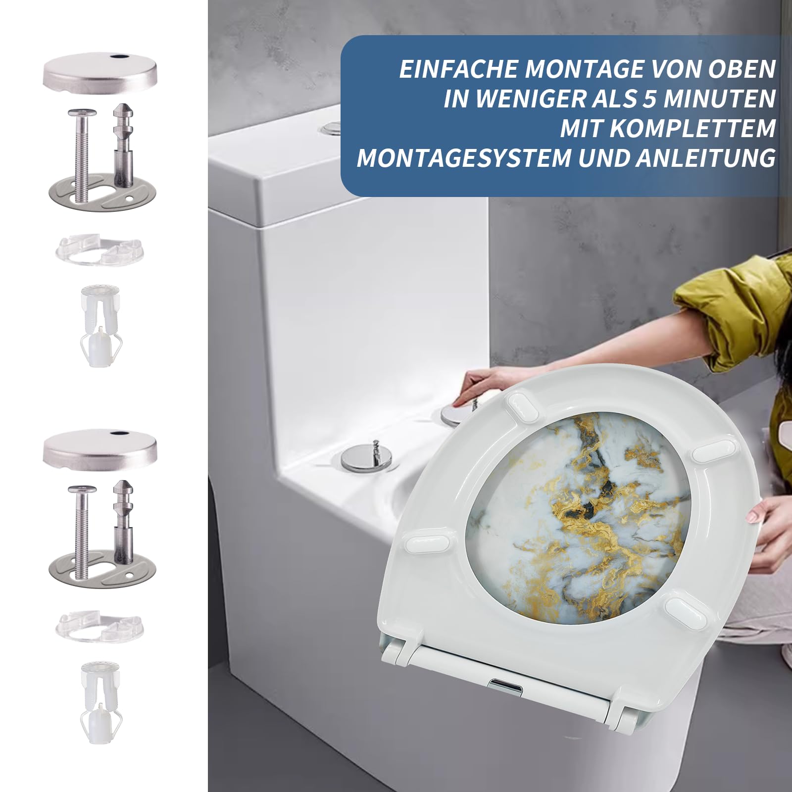 Tapa de inodoro con dispositivo de descenso automático, forma ovalada, fácil limpieza, asiento de inodoro extraíble, soporta 150 kg, fácil montaje, diseño: mármol blanco