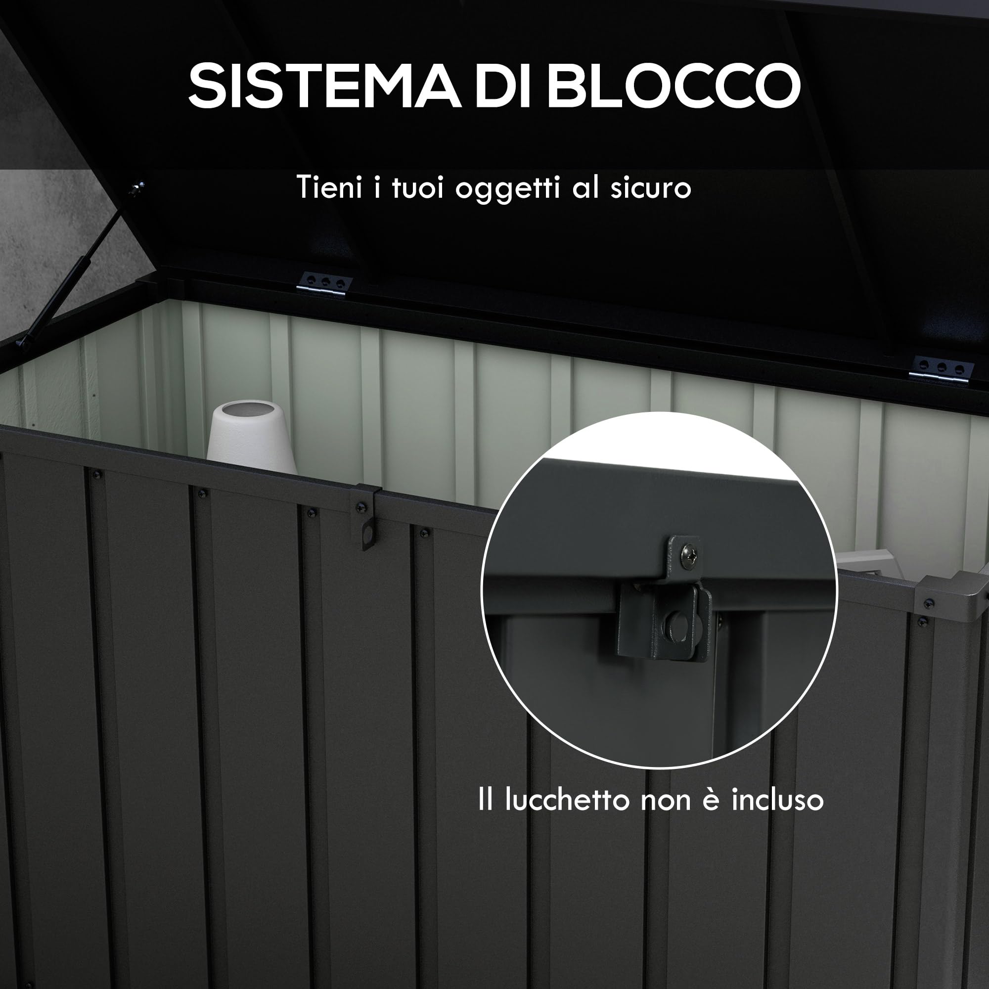 Outsunny Panca Contenitore da 450L con 4 Rotelle, Acciaio e PP, 125.5x61.5x70 cm, Grigio Scuro
