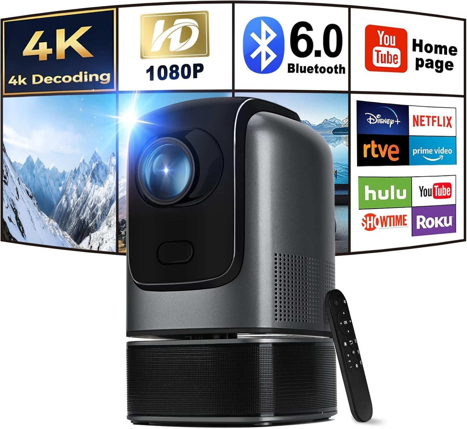 INGUNAR 4K 1080P HD Mini Home Projector with Stand, 120" Portable Projector WiFi Bluetooth Projector for Home Video, 5W Speaker, Mobile Screen Mirroring, 360° Surround Sound, Home Movie
