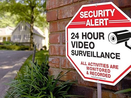 Miniatura 5 de Faittoo Paquete de 4 letreros de alerta de seguridad, vigilancia de video las 24 horas, letreros monitoreados para todas las actividades, señal de