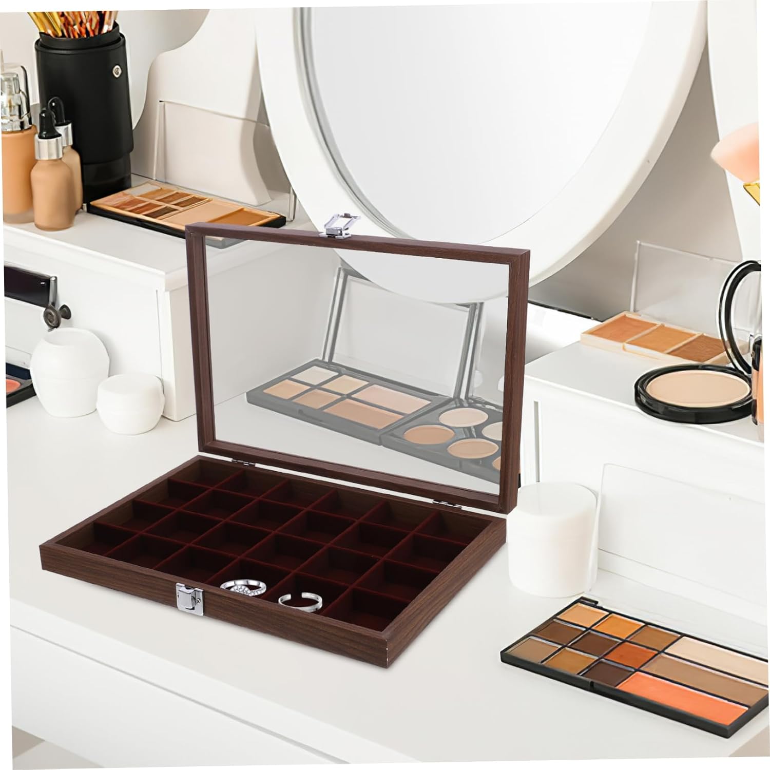 VALICLUD 24-Compartment Tea Bag Storage Box 10.24 x 7.68 x 2.36 Inches Wooden Tea Organizer with Glass Lid for Home and Office Use