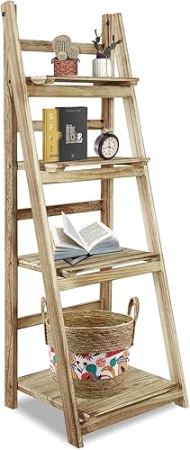 Babion Estante de escalera de 4 niveles, estante de escalera para plantas, estantes plegables marrones, estante de madera, soporte independiente