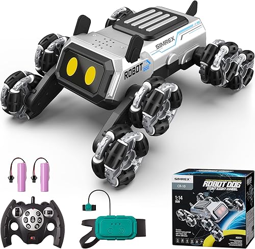 Miniatura 11 de SIMREX Robot Perro RC Coche de Acrobacias Juguetes - Control remoto con detección de gestos con ruedas Mecanum, ojos LED, 3 efectos de sonido,