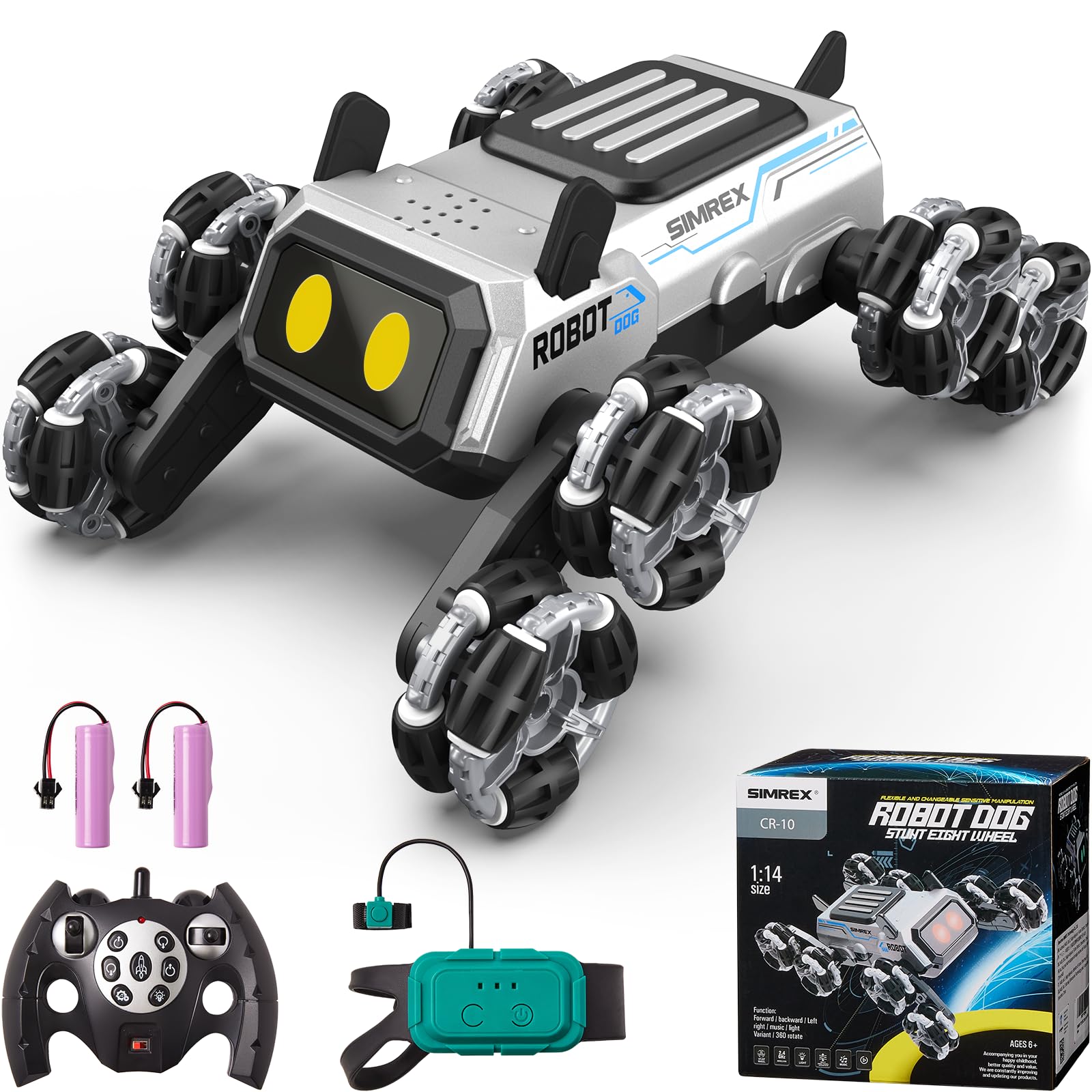 SIMREX Chien Robot télécommandé 6+ Ans, Voiture RC cascadeuse à Yeux LED et Commande gestuelle. Cadeau Anniversaire Filles/garçons. Robot interactif à Roues Mecanum et 3 Sons, argenté