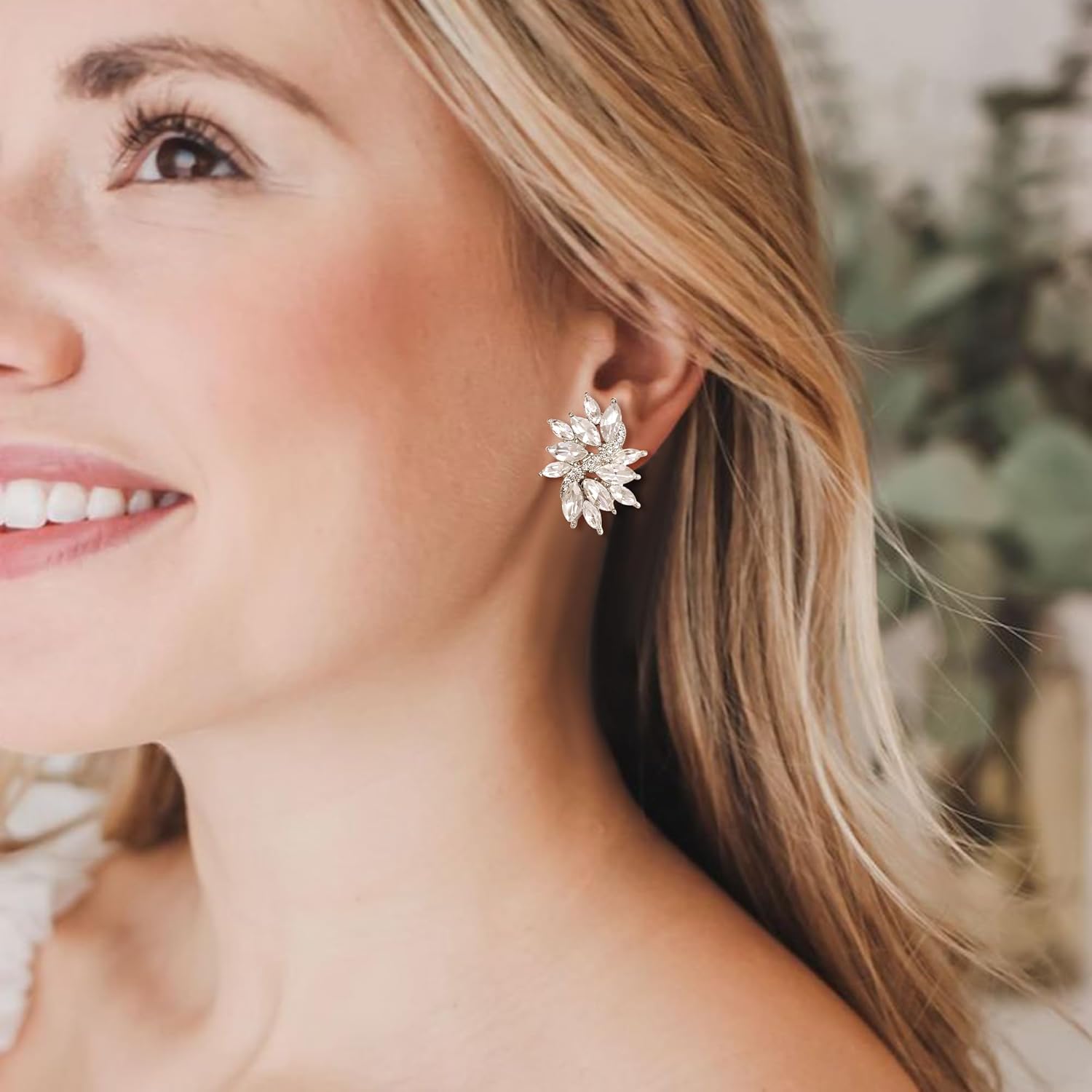 EVER FAITH Sparkly Rhinestone Clip-on Earrings for Women Bride, Fashion Marquise Crystal Cluster Wedding Bridal Stud Earring for Prom Formal Party - Image 2