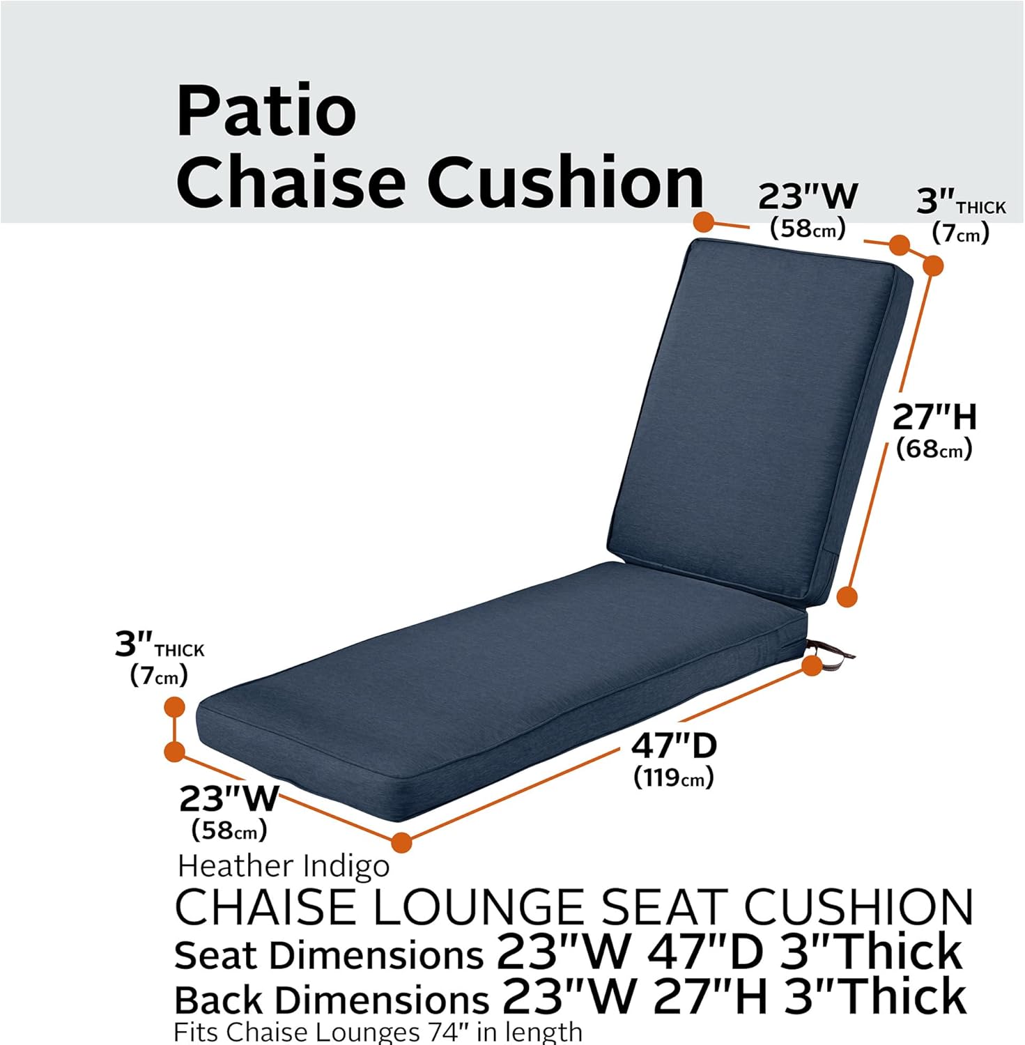 Classic Accessories Montlake FadeSafe Water-Resistant 74 x 23 x 3 Inch Patio Chaise Lounge Cushion, Heather Indigo