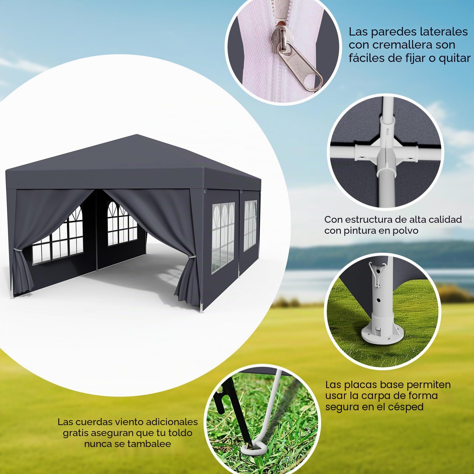 Carpa impermeable de 3 x 6 m, para jardín, sistema de conexión, varillas de metal, para fiestas, camping, fiestas, lonas de polietileno, con paredes laterales, ganchos para tierra, protección UV