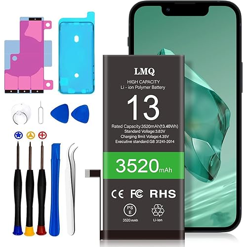 LMQ 3520mAh Super Capacity Battery Compatible with iPhone 13, 0 Cycle Li-Polymer Replacement Battery for iPhone 13 （Model A2633 A2482 A2631 A2634 A2635） with Repair Tool Kit+Adhesive