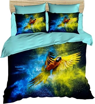Parrot Bedding Set, 3D Printed Parrot Themed 100% Cotton Duvet Cover Set, Special Design, Multi Colour, Full/Queen Size, 4 Pcs