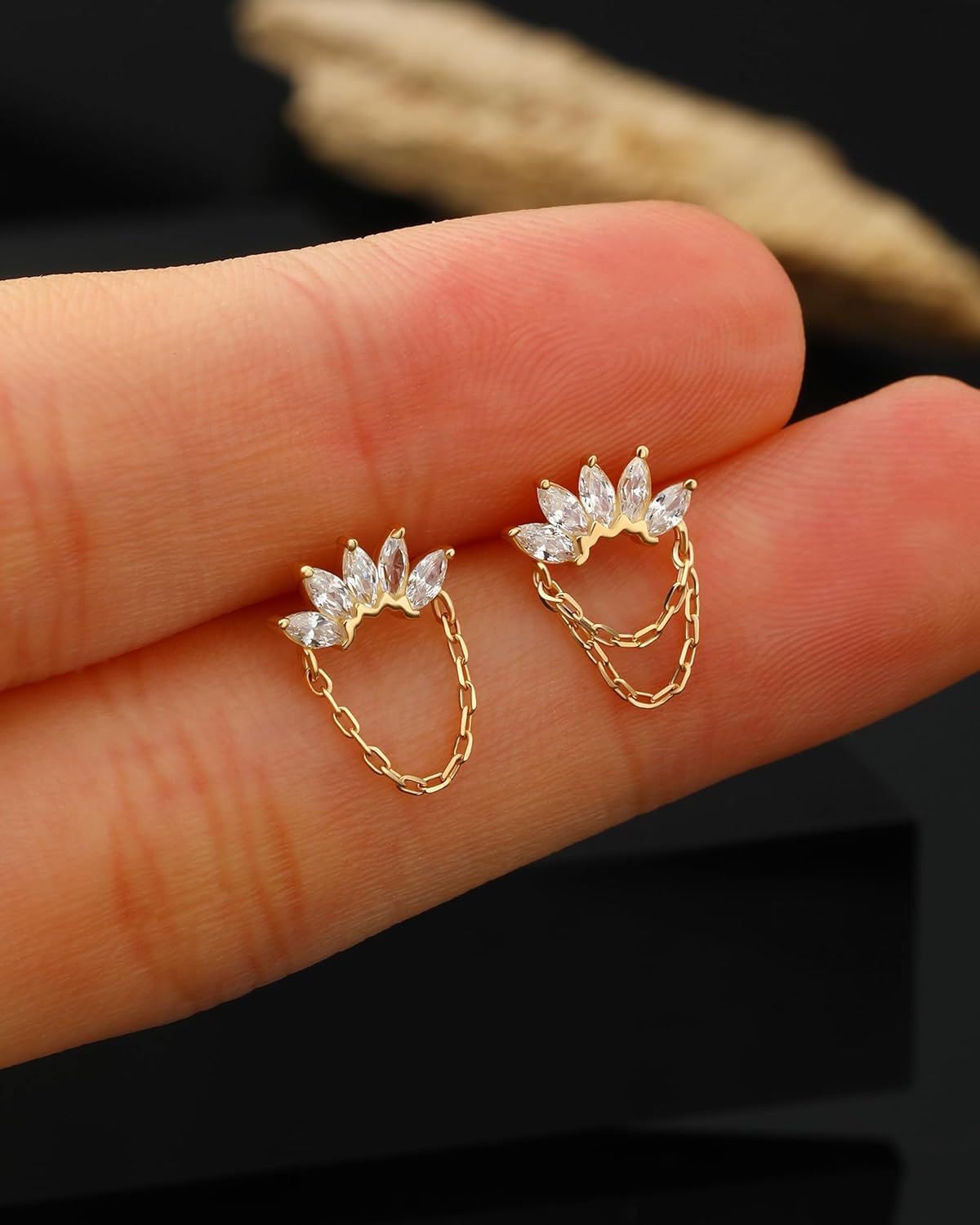 Jewseen 14K Gold Flat Back Stud Earrings Crown Cartilage Studs Top Push in Threadless Nose Lip Stud Titanium Chain Helix Conch Tragus Piercing Jewelry for Women Men - Image 2