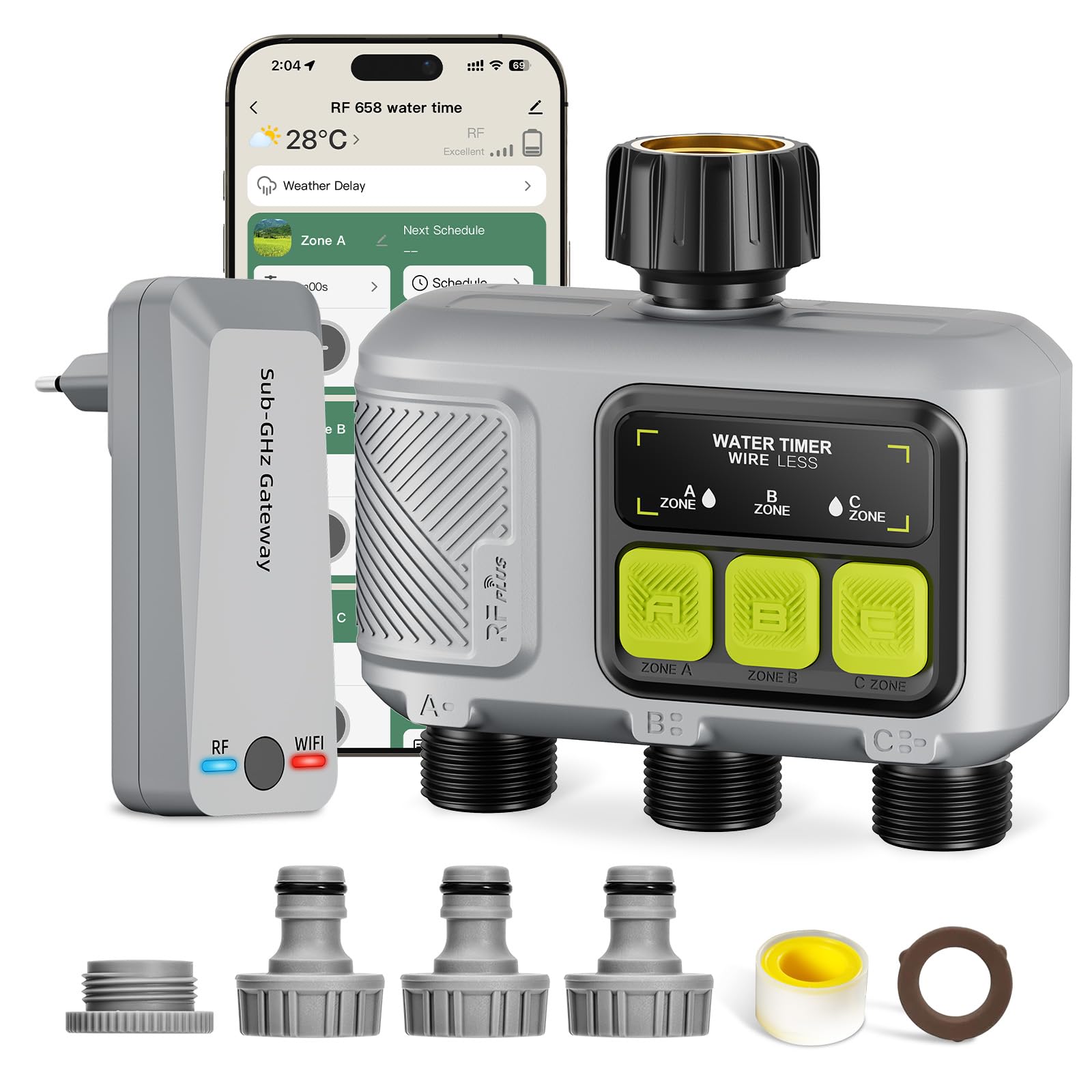 Xtsuen WLAN Bewässerungscomputer mit 2 Ausgängen, Smarte Bewässerungsuhr Set (300m Reichweite RF), App/Sprachsteuerung, Regenverzögerung, Automatische Gartenbewässerung für Rasen, Garten,Balkon