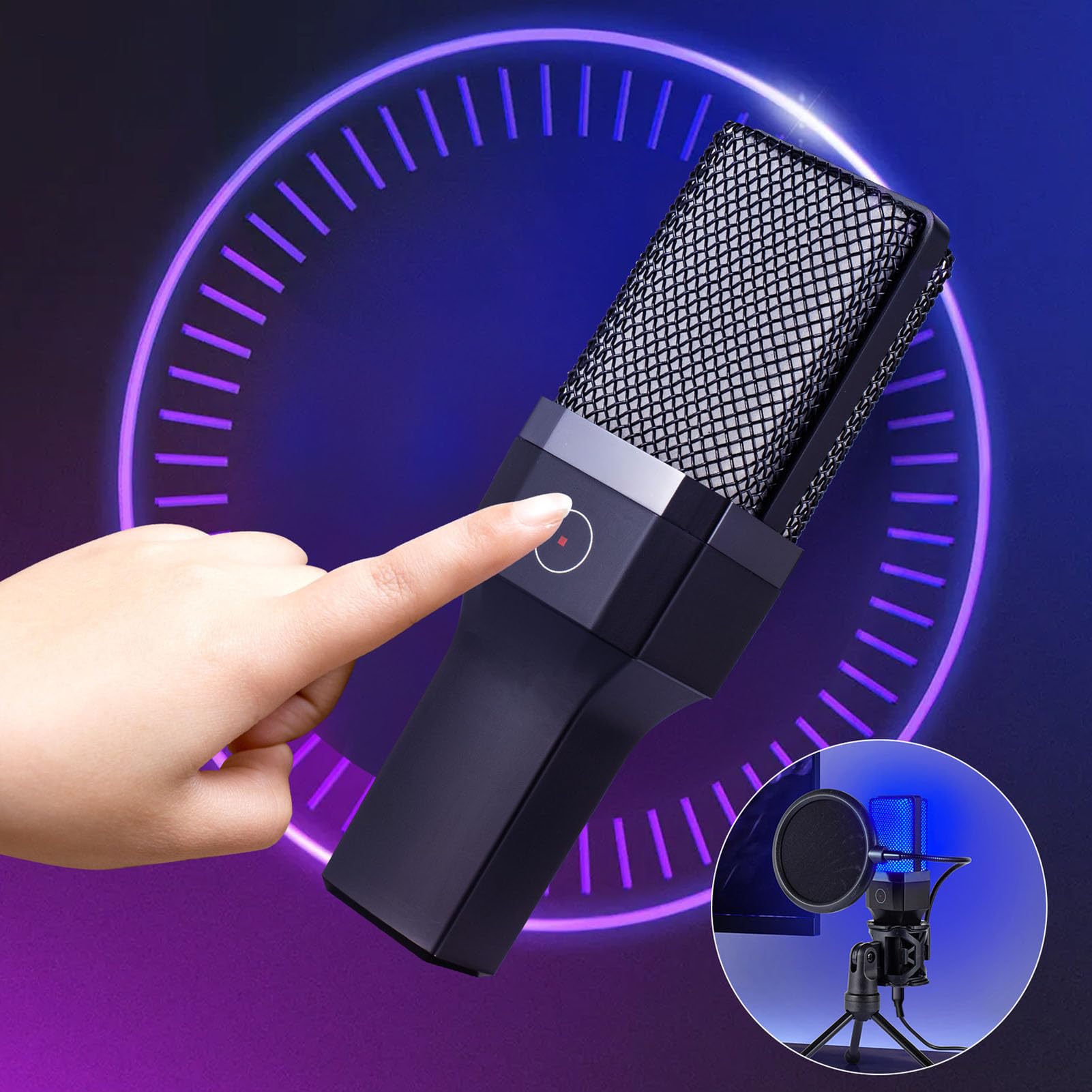 Mikrofon USB Vomeko Gaming, mikrofon kondensatorowy OISE z wyciszeniem, mikrofon komputerowy PC z efektami oświetleniowymi RGB do nagrywania podcastingu do nagrywania gier