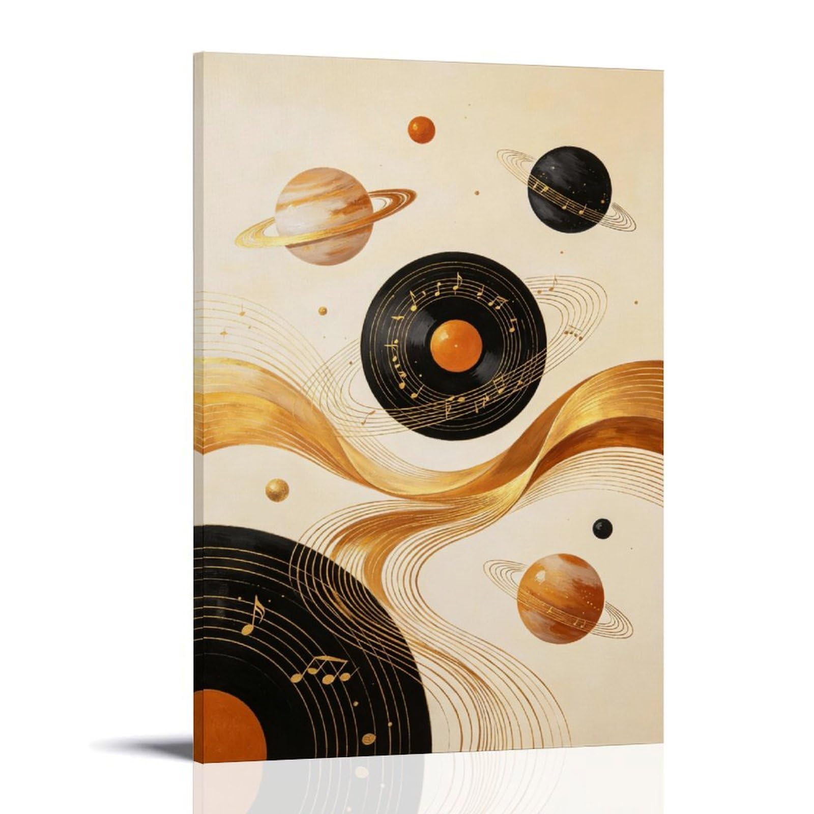 Stampa artistica da parete su tela, motivo: pianeta con musica astratta, disco in vinile, arte moderna con musica cosmica, stampa su tela per camera da letto, soggiorno, studio, decorazione per camera