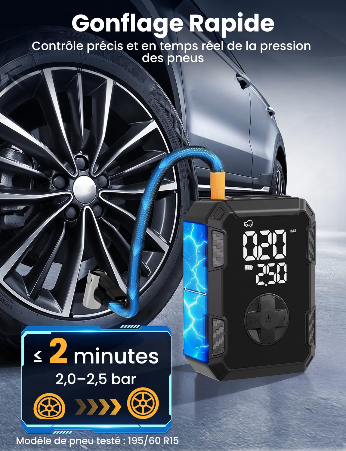 Oasser Gonfleur Pneus Voiture sans Fil Mini Compresseur à Air Portatif 150 PSI (10,3 Bar) Inflation Rapide Cylindre 19 mm Affiche 2 Valeurs Type-C USB Charge avec Tuyau de 30 cm et Sac de Rangement