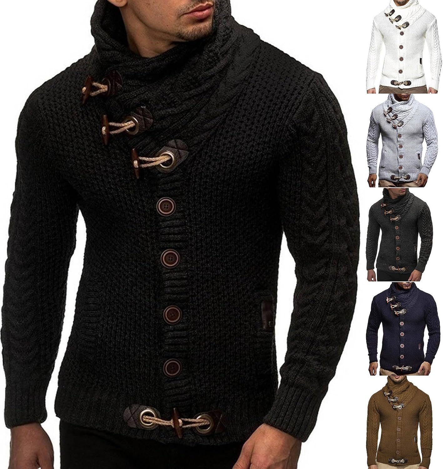 evzosrz Mens Knitted Turtleneck Jacket Turtleneck Cable Knit Button Down Fall Winter Pullover Casual Cardigan Sweater for Men
