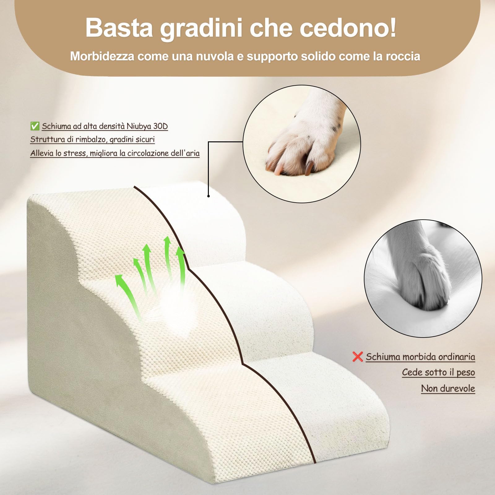 Niubya Scala per Cani e Gatti Piccoli, 2 Gradini 30 cm, Schiuma 30D, Antiscivolo, Fodera Lavabile, Ideale per Divano/Letto, Animali Anziani o Mobilità Ridotta, Beige