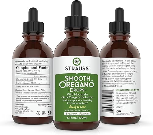 Miniatura 2 de Strauss Naturals Gotas de orégano suaves  Aceite de orégano con sabor a menta natural dulce, sin transgénicos, sin gluten, suplemento sin soja y