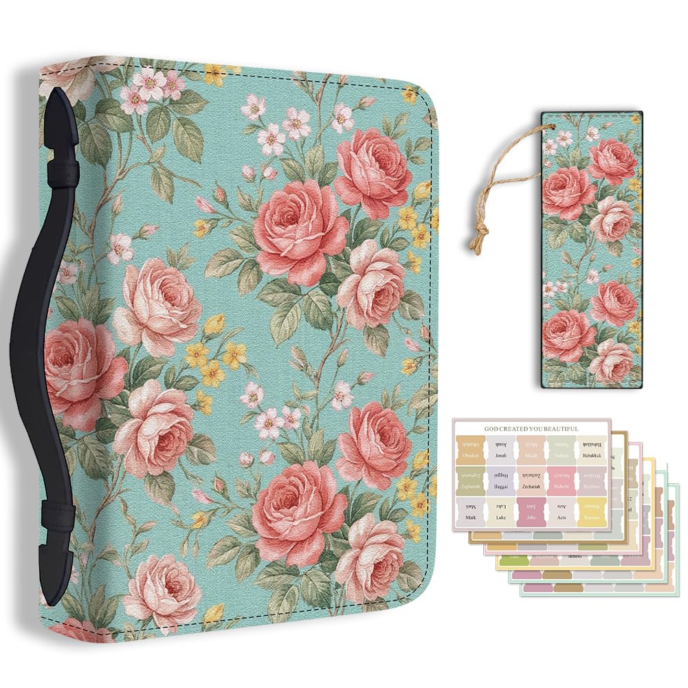 TNKBREEZE Women's Bible Cover Vintage Floral PU Leather Book Carrying Bag Green Inspirational Bible Book Case with Bookmark Handle Zipper for Girls Christian Gifts Church Study Supplies 11.2x8x2.3inch