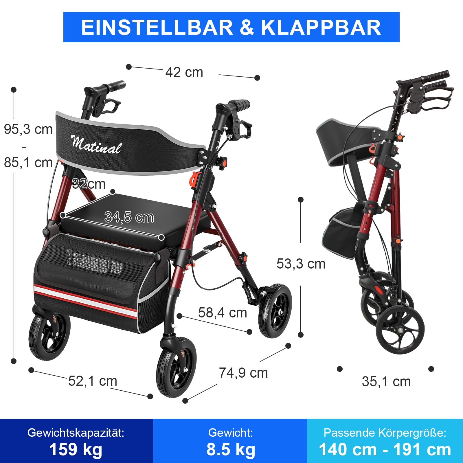 Leichtgewicht Rollator faltbar mit Sitz, Bis (160 kg) belastbar | 6-fach höhenverstellbar, 8-Zoll All-Terrain-Reifen, Robuste Aluminium-Laufhilfe Ideal für Indoor & Outdoor (Weinrot)