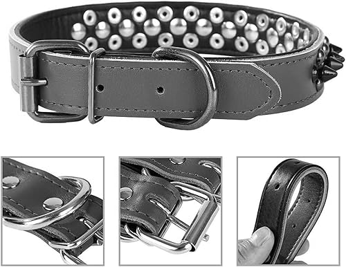 Miniatura 6 de Pit Bull - Collar de perro con tachuelas y tachuelas, de piel auténtica suave, ajustable, para razas de perros pequeños, medianos y grandes (talla S