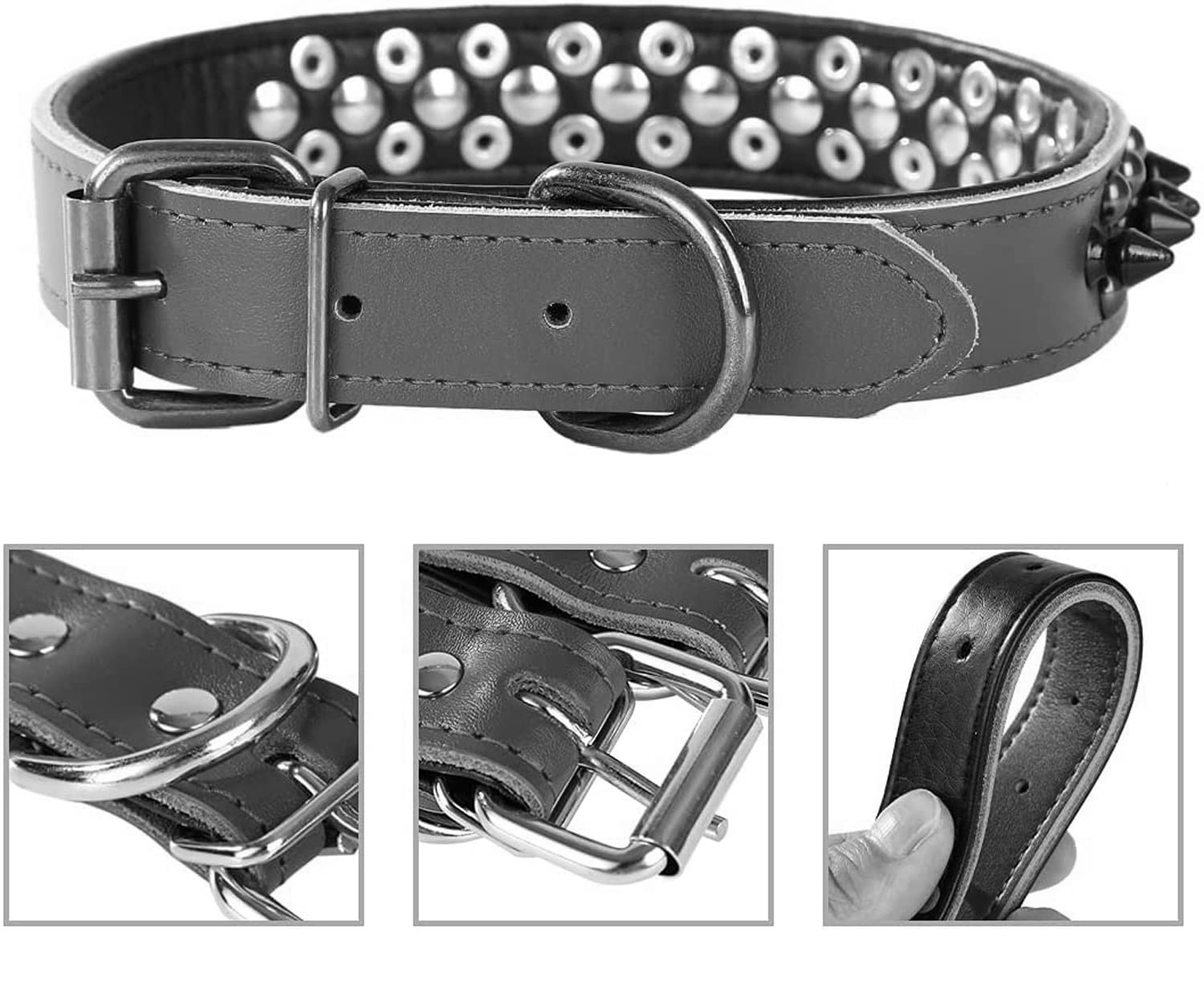 Pimaodog Spiked Studded Dog Collar, Genuine Leather Dog Collar, Adjustable Pet Collars for Small or Medium Pet (S, Pink)
