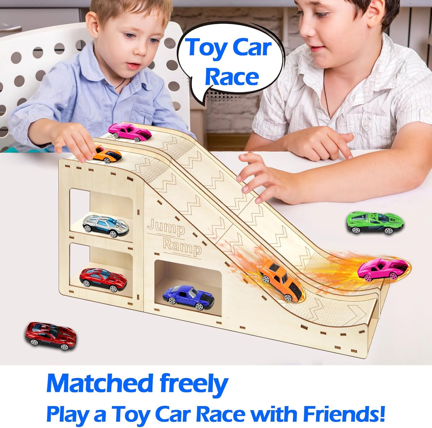 Toy Cars Jump Ramp, Toy Car Track Set for Hot Wheels, Race Cars Track for Hot Wheels and Diecast Cars, Playing/Storage/Display/Race Trackset, Wood Jump Ramp for Hotwheels and Montessori