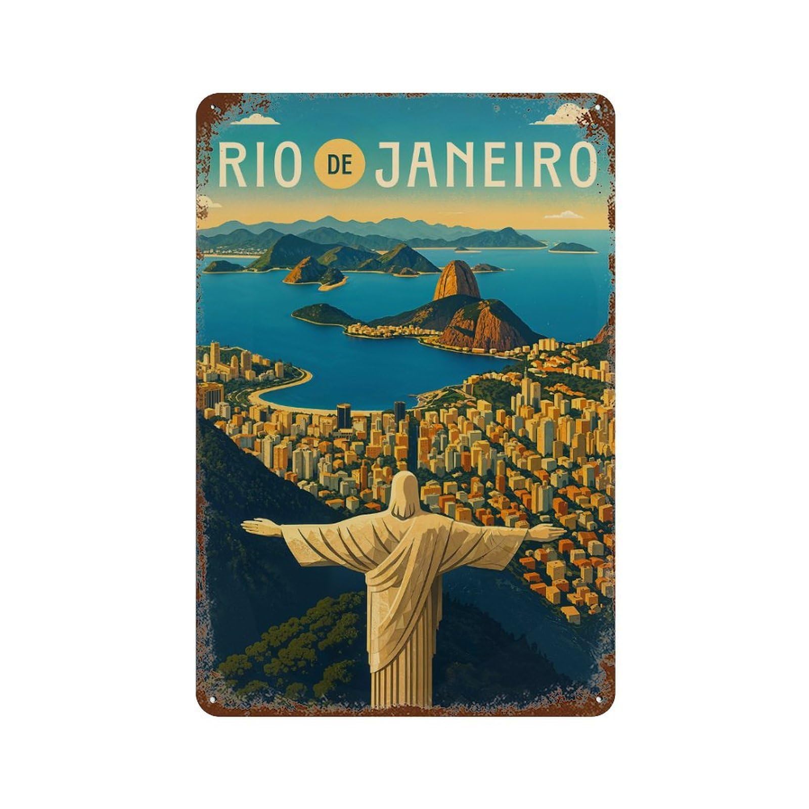 Rustic Tin Plaque with Rio De Janeiro Travel Poster Brazil – Christ & Sugarloaf Sunset Design 11.8"x7.9", for Pub, Kitchen And Man Cave Decor, Old School Wall Decor