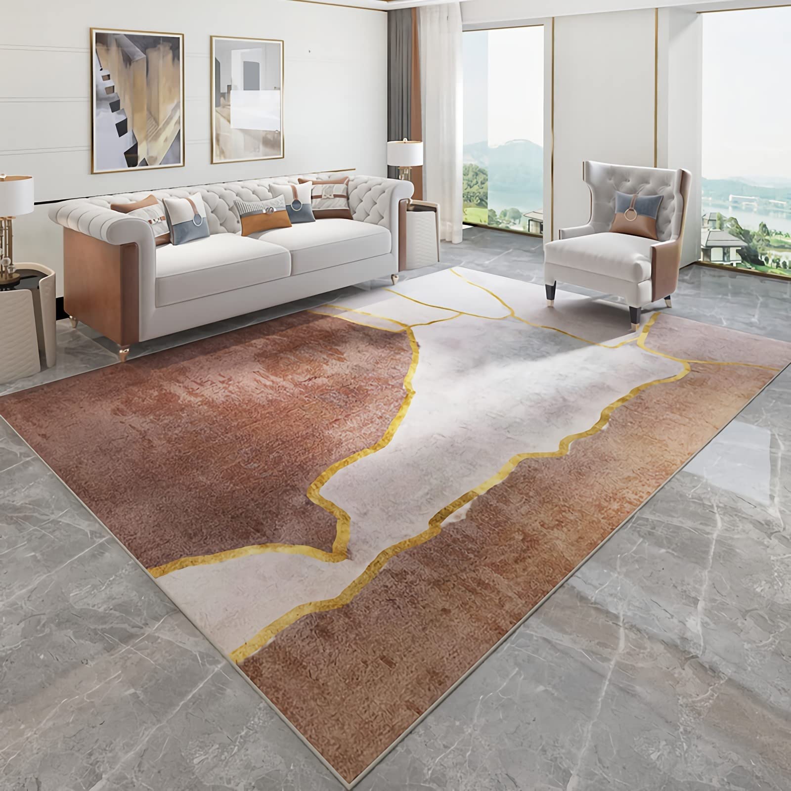 Teppich bettvorleger Schlafzimmer rutschfest,Waschbarer Teppich Im Braun-Gelb-Design deko Balkon,Teppich vorzimmer 200x300cm
