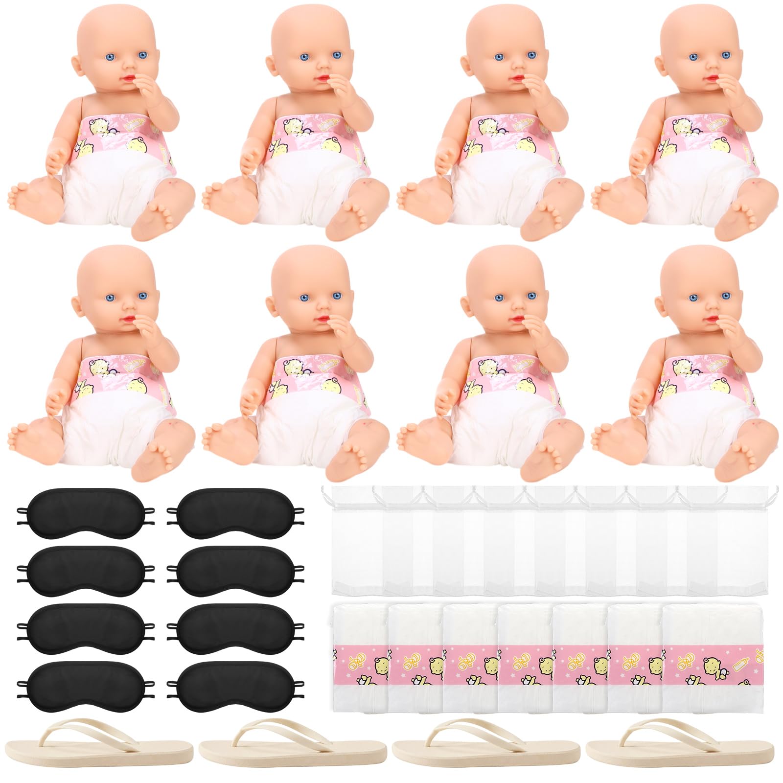 Photo 1 of Shappy 8 Sets Funny Baby Shower Chancla Game Activities Baby Shower Diaper Changing Games Blindfold Flip Flops Organza Bags How to Throw the Chancla at Dolls Babies Showers Game Gender Reveal