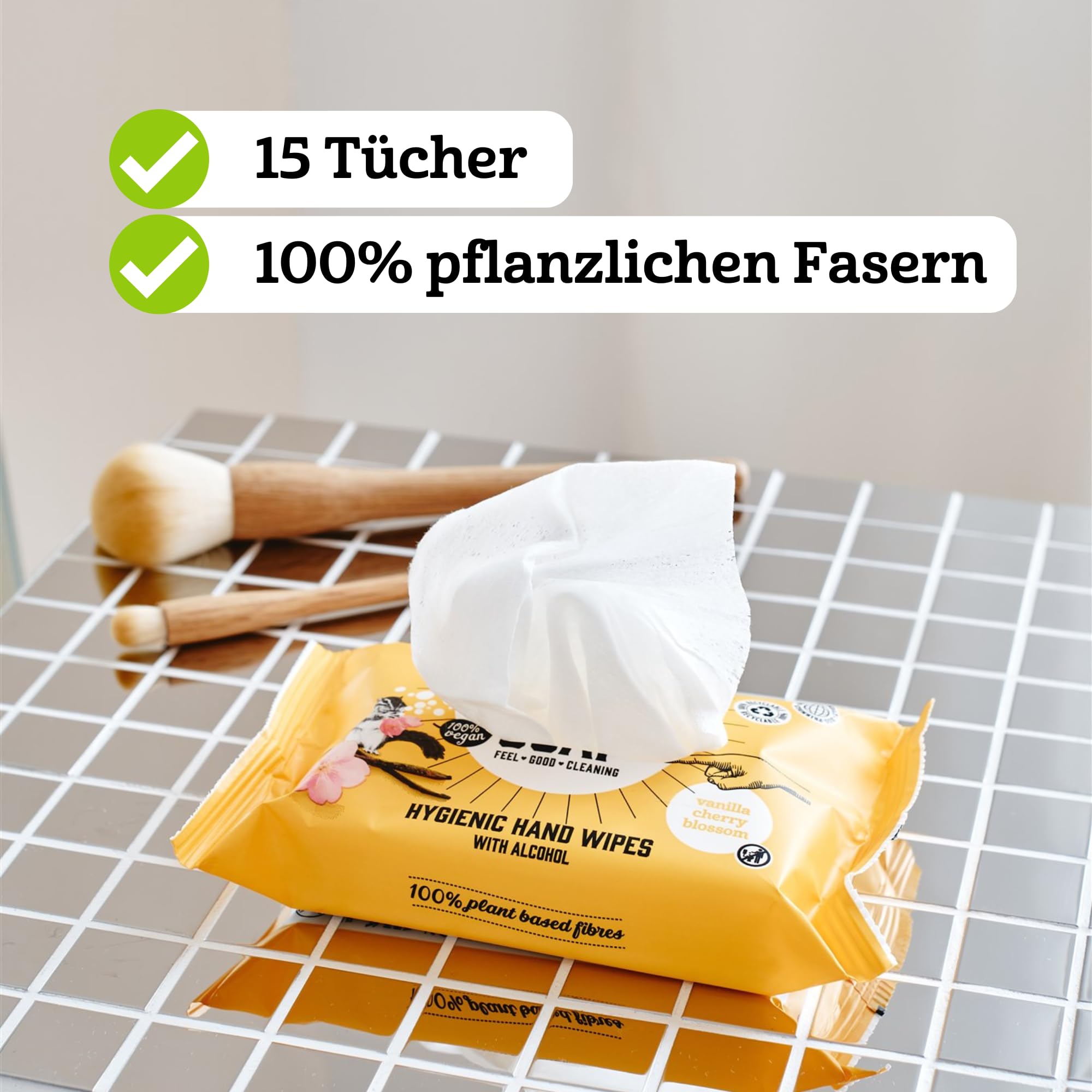 Marcel's Green Soap Hygienische Handtücher Vanille & Kirschblüte - Feuchttücher - Mikroplastikfreie Formel - Vegan - 15 Tücher (12er Pack)