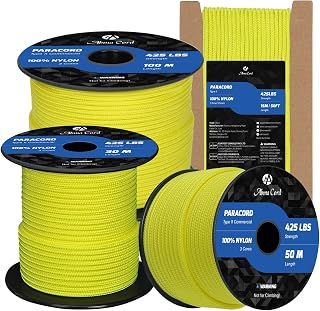 Abma Cord Paracord 3mm 30m Cuerda Paracord 100% Nylon Resistente Tipo II 3 Hebras Cuerda de Paracaídas para Exteriores - MAX. 192 kg - Amarillo Neón