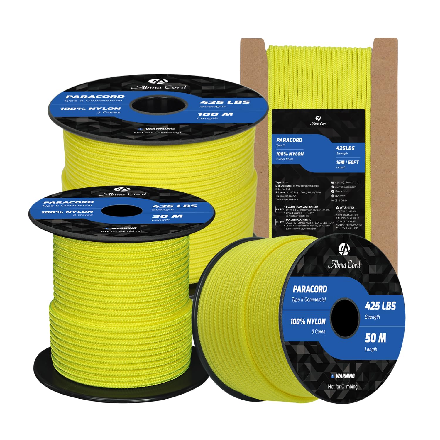 Abma Cord Paracord 3mm 15m 100% Nylon Rope Type II 3 Strands Parachute Cord - Max. 192kg (425lbs) - Neon Yellow