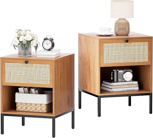 Vista 10 de Yechen Juego de 2 mesitas de noche de ratán, mesa de noche bohemia con 2 cajones decorados de ratán natural, mesita de noche pequeña de granja