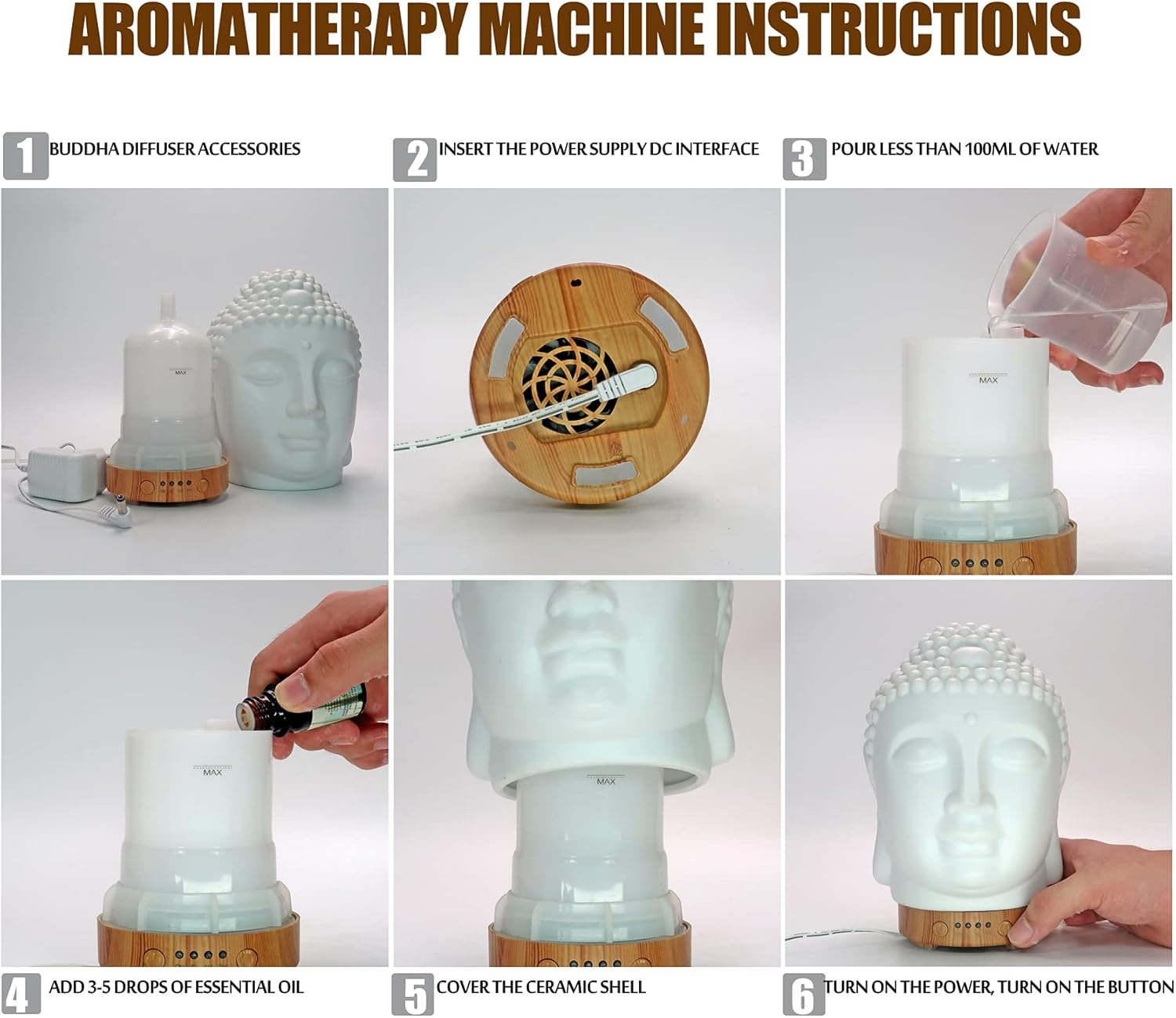 Buddha Essential Oil Diffuser - Aromatherapy Diffusers for Essential Oils - White Ceramic Diffuser Buddha Head Humidifier with 4 Timer & 7 Color Night Light Settings and Auto Off Function