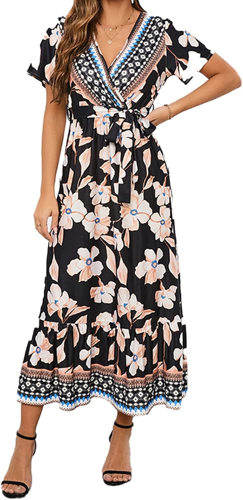 2023 Summer Vintage Print Maxi Dresses Plus Size Boho Beach Dress  Sundress,Black,S at Amazon Women's Clothing store
