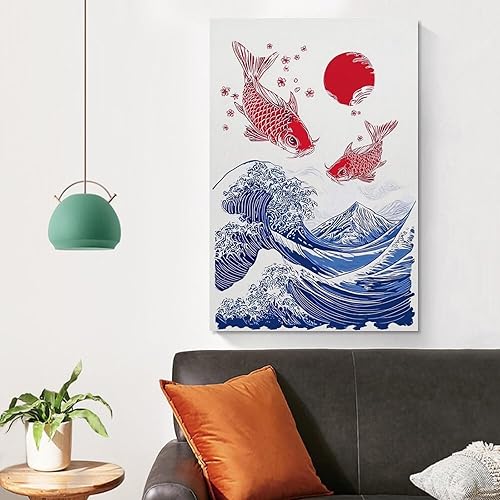 Miniatura 4 de Asian Japanese Great Wave Red Koi Fish Retro Cherry Blossom Poster Canvas Wall Art Decor for Bedroom Living Room Office Bathroom Home Pictures Print