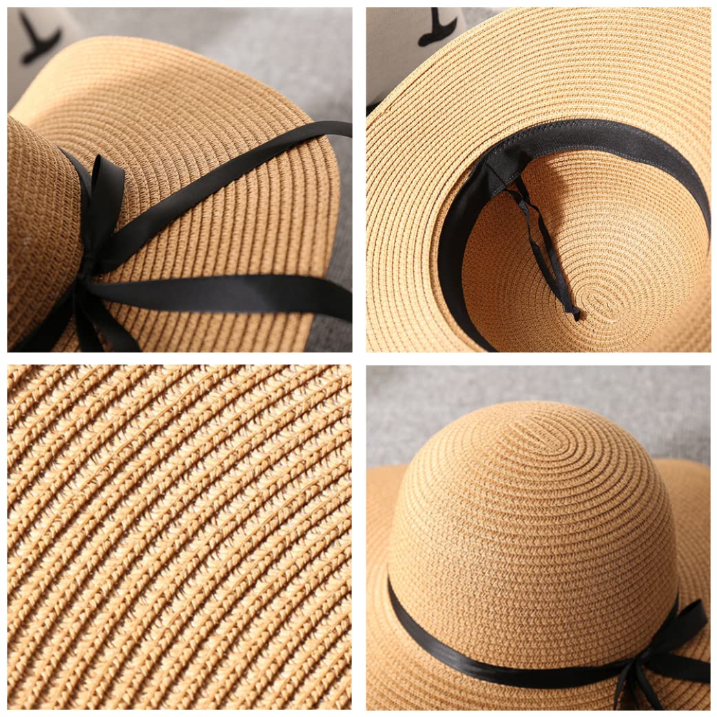 Sombrero de Paja para Mujer Sombreros para el Sol Ajustables Sombrero de ala Ancha de Verano UPF 50+ Playa de Paja Plegable Enrollable para Acampar Senderismo Caqui